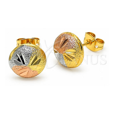 Oro Laminado Stud Earring, Gold Filled Style Flower Design, Diamond Cutting Finish, Tricolor, 02.342.0283
