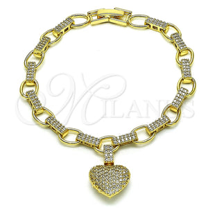 Oro Laminado Fancy Bracelet, Gold Filled Style Heart Design, with White Micro Pave, Polished, Golden Finish, 03.283.0315.07 (07 MM Thickness, 7 Inches Length)