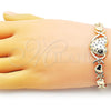 Oro Laminado Fancy Bracelet, Gold Filled Style Hugs and Kisses and Heart Design, with White Cubic Zirconia, Polished, Golden Finish, 03.283.0318.08 (08 MM Thickness, 8 Inches Length)