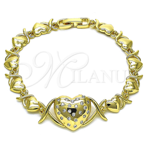 Oro Laminado Fancy Bracelet, Gold Filled Style Hugs and Kisses and Heart Design, with White Cubic Zirconia, Polished, Golden Finish, 03.283.0318.08 (08 MM Thickness, 8 Inches Length)