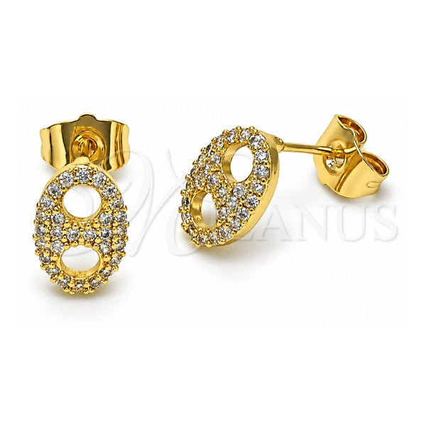 Oro Laminado Stud Earring, Gold Filled Style Puff Mariner Design, with White Micro Pave, Polished, Golden Finish, 02.283.0078