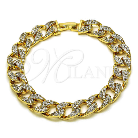 Oro Laminado Fancy Bracelet, Gold Filled Style Curb Design, with White Micro Pave, Polished, Golden Finish, 03.283.0321.08 (10 MM Thickness, 8 Inches Length)
