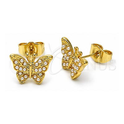 Oro Laminado Stud Earring, Gold Filled Style Butterfly Design, with Ivory Pearl, Polished, Golden Finish, 02.379.0076