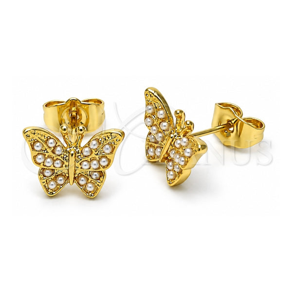 Oro Laminado Stud Earring, Gold Filled Style Butterfly Design, with Ivory Pearl, Polished, Golden Finish, 02.379.0076