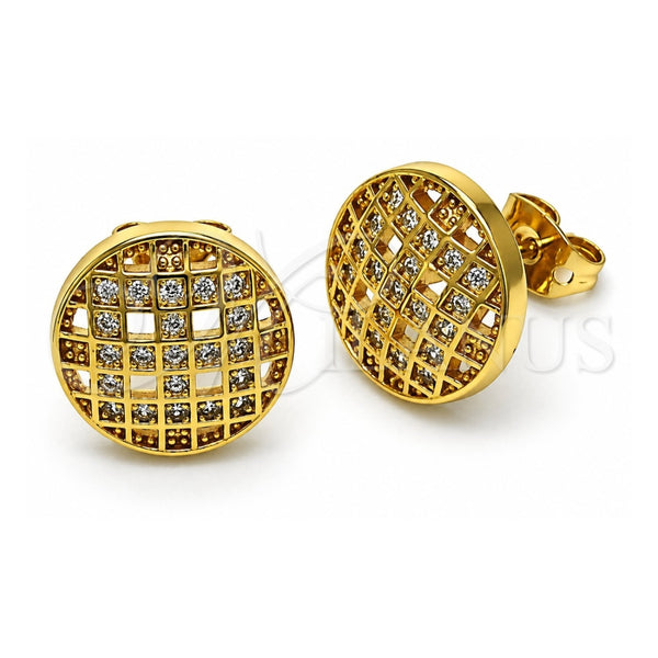 Oro Laminado Stud Earring, Gold Filled Style with White Micro Pave, Polished, Golden Finish, 02.342.0284