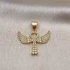 Oro Laminado Religious Pendant, Gold Filled Style Cross and Wings Design, with White Cubic Zirconia and White Micro Pave, Polished, Golden Finish, 05.342.0183