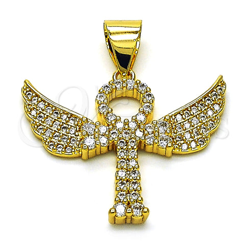Oro Laminado Religious Pendant, Gold Filled Style Cross and Wings Design, with White Cubic Zirconia and White Micro Pave, Polished, Golden Finish, 05.342.0183