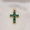 Oro Laminado Religious Pendant, Gold Filled Style Cross Design, with Green Cubic Zirconia, Polished, Golden Finish, 05.342.0184