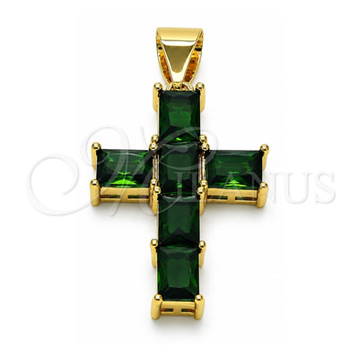 Oro Laminado Religious Pendant, Gold Filled Style Cross Design, with Green Cubic Zirconia, Polished, Golden Finish, 05.342.0184