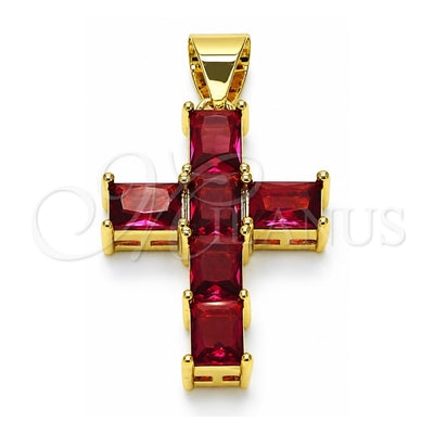 Oro Laminado Religious Pendant, Gold Filled Style Cross Design, with Ruby Cubic Zirconia, Polished, Golden Finish, 05.342.0184.1