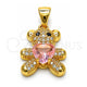 Oro Laminado Fancy Pendant, Gold Filled Style Teddy Bear and Heart Design, with Pink Cubic Zirconia and White Micro Pave, Polished, Golden Finish, 05.342.0187.1