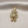 Oro Laminado Fancy Pendant, Gold Filled Style Teddy Bear and Bow Design, with White and Black Micro Pave, Polished, Golden Finish, 05.341.0088
