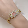 Oro Laminado Solid Bracelet, Gold Filled Style Guadalupe and Flower Design, with White Cubic Zirconia, Polished, Tricolor, 03.411.0006.1.08 (06 MM Thickness, 8 Inches Length)