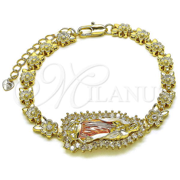 Gold Filled Bracelet — Solid Bracelet Guadalupe and Flower Design with White — main product view — SKU 153726 | Oro Laminado brazalete — Solid Bracelet Guadalupe and flor diseño with blanco — SKU 153726