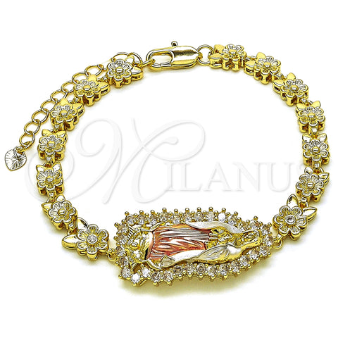 Oro Laminado Solid Bracelet, Gold Filled Style Guadalupe and Flower Design, with White Cubic Zirconia, Polished, Tricolor, 03.411.0006.1.08 (06 MM Thickness, 8 Inches Length)