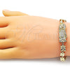 Oro Laminado Solid Bracelet, Gold Filled Style Guadalupe and Flower Design, with White Cubic Zirconia, Polished, Golden Finish, 03.411.0009.08