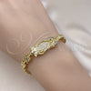 Oro Laminado Solid Bracelet, Gold Filled Style Guadalupe and Flower Design, with White Cubic Zirconia, Polished, Golden Finish, 03.411.0009.08 (06 MM Thickness, 8 Inches Length)