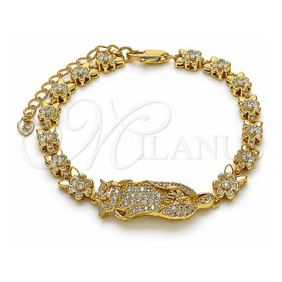Oro Laminado Solid Bracelet, Gold Filled Style Guadalupe and Flower Design, with White Cubic Zirconia, Polished, Golden Finish, 03.411.0009.08 (06 MM Thickness, 8 Inches Length)