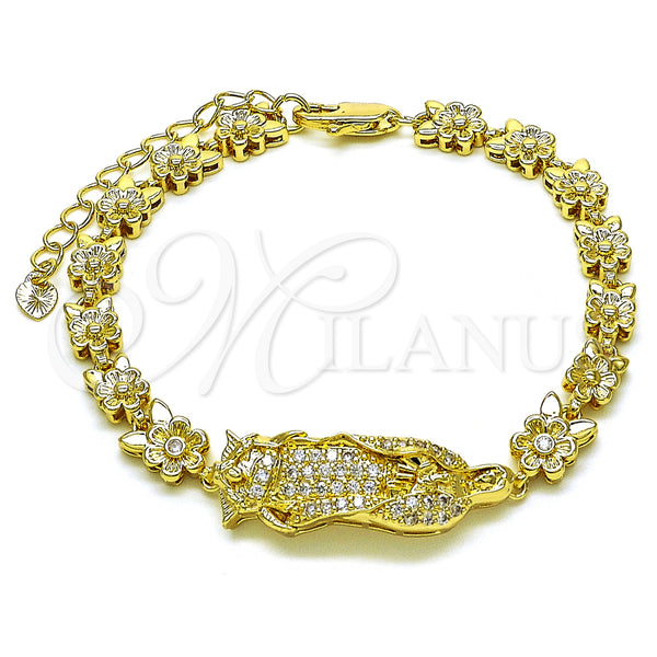 Gold Filled Bracelet — Solid Bracelet Guadalupe and Flower Design with White — main product view — SKU 153727 | Oro Laminado brazalete — Solid Bracelet Guadalupe and flor diseño with blanco — SKU 153727