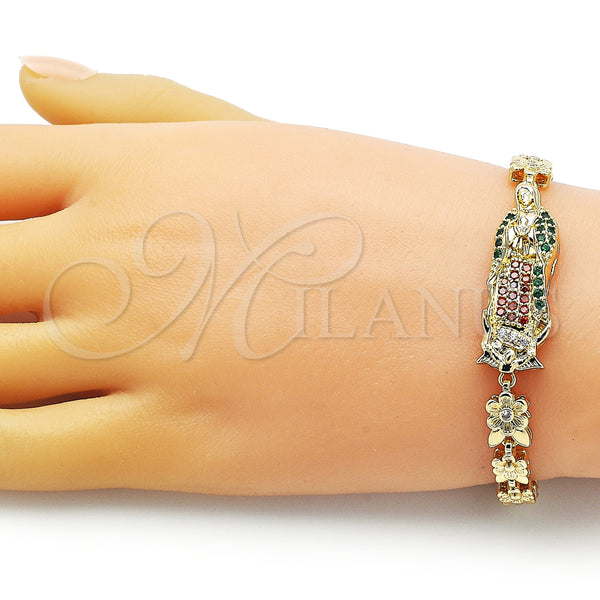 Gold Filled Bracelet — Solid Bracelet Guadalupe and Flower Design with Multicolor — alternate product view — SKU 153728 | Oro Laminado brazalete — Solid Bracelet Guadalupe and flor diseño with Multicolor — SKU 153728