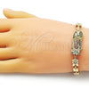 Oro Laminado Solid Bracelet, Gold Filled Style Guadalupe and Flower Design, with Multicolor Cubic Zirconia, Polished, Golden Finish, 03.411.0009.1.08 (06 MM Thickness, 8 Inches Length)