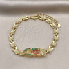Oro Laminado Solid Bracelet, Gold Filled Style Guadalupe and Flower Design, with Multicolor Cubic Zirconia, Polished, Golden Finish, 03.411.0009.1.08 (06 MM Thickness, 8 Inches Length)