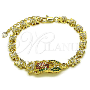 Gold Filled Bracelet — Solid Bracelet Guadalupe and Flower Design with Multicolor — main product view — SKU 153728 | Oro Laminado brazalete — Solid Bracelet Guadalupe and flor diseño with Multicolor — SKU 153728