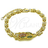 Oro Laminado Solid Bracelet, Gold Filled Style Guadalupe and Flower Design, with Multicolor Cubic Zirconia, Polished, Golden Finish, 03.411.0009.1.08 (06 MM Thickness, 8 Inches Length)