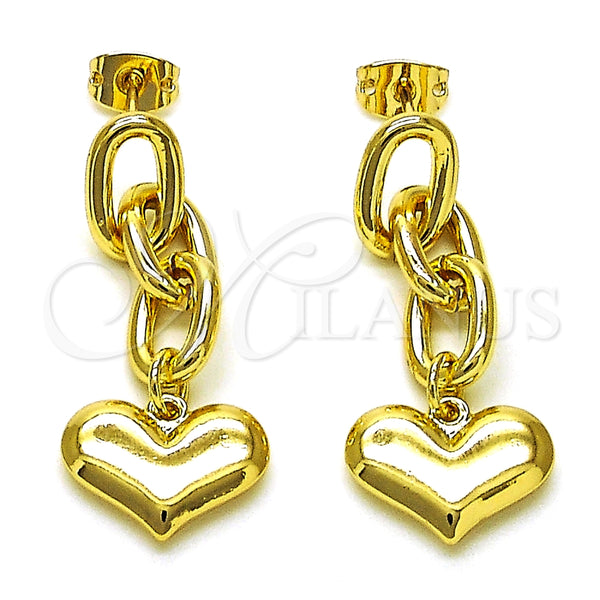 Oro Laminado Long Earring, Gold Filled Style Paperclip and Heart Design, Polished, Golden Finish, 02.213.0564