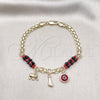 Oro Laminado Charm Bracelet, Gold Filled Style Feet and Evil Eye Design, with Black and Garnet Crystal, Polished, Golden Finish, 03.213.0226.08 (05 MM Thickness, 8 Inches Length)