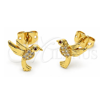 Oro Laminado Stud Earring, Gold Filled Style Bird Design, with White and Ruby Micro Pave, Polished, Golden Finish, 02.342.0285