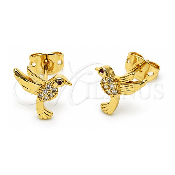 Oro Laminado Stud Earring, Gold Filled Style Bird Design, with White and Ruby Micro Pave, Polished, Golden Finish, 02.342.0285