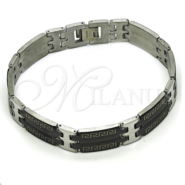 Stainless Steel Solid Bracelet, Greek Key Design, Polished, Two Tone, 03.114.0360.3.09 (12 MM Thickness, 9 Inches Length)