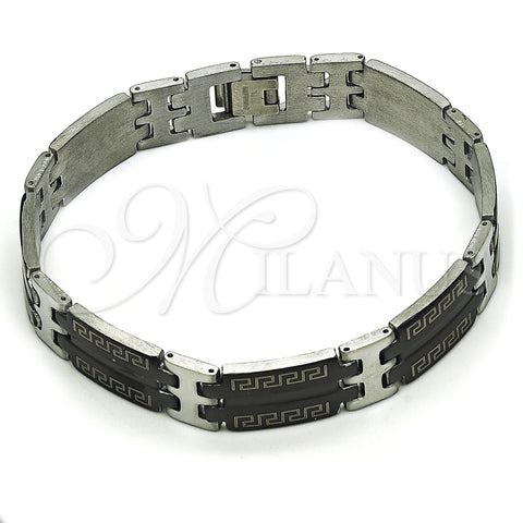 Stainless Steel Solid Bracelet, Greek Key Design, Polished, Two Tone, 03.114.0360.3.09 (12 MM Thickness, 9 Inches Length)