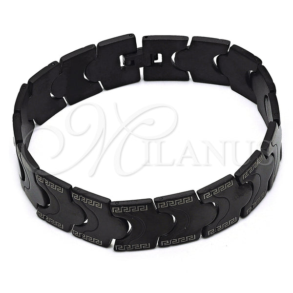 Stainless Steel Solid Bracelet, Greek Key Design, Polished, Black Rhodium Finish, 03.114.0221.2.09 (16 MM Thickness, 9 Inches Length)