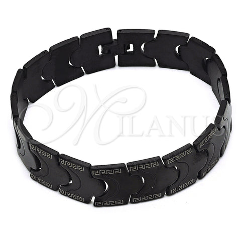 Stainless Steel Solid Bracelet, Greek Key Design, Polished, Black Rhodium Finish, 03.114.0221.2.09 (16 MM Thickness, 9 Inches Length)