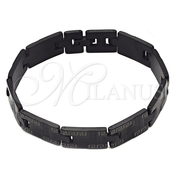 Stainless Steel Solid Bracelet, Greek Key Design, Polished, Black Rhodium Finish, 5.247.010.2.09 (12 MM Thickness, 9 Inches Length)