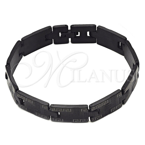 Stainless Steel Solid Bracelet, Greek Key Design, Polished, Black Rhodium Finish, 5.247.010.2.09 (12 MM Thickness, 9 Inches Length)