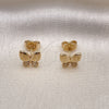 Oro Laminado Stud Earring, Gold Filled Style Butterfly Design, with White Micro Pave, Polished, Golden Finish, 02.344.0160