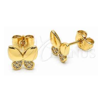 Oro Laminado Stud Earring, Gold Filled Style Butterfly Design, with White Micro Pave, Polished, Golden Finish, 02.344.0160
