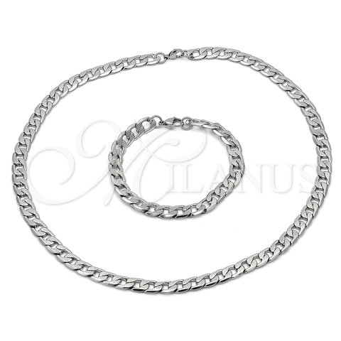 Stainless Steel Necklace and Bracelet, Pave Cuban Design, Diamond Cutting Finish, Steel Finish, 06.116.0027