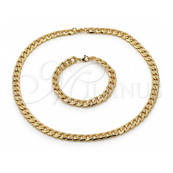 Stainless Steel Necklace and Bracelet, Pave Cuban Design, Diamond Cutting Finish, Golden Finish, 06.116.0027.1