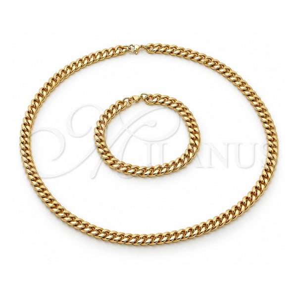 Stainless Steel Necklace and Bracelet, Miami Cuban Design, Polished, Golden Finish, 06.116.0031.1