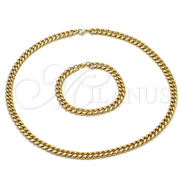 Stainless Steel Necklace and Bracelet, Miami Cuban Design, Polished, Golden Finish, 06.116.0031.1