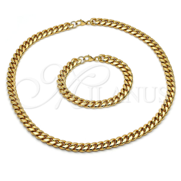 Stainless Steel Necklace and Bracelet, Miami Cuban Design, Polished, Golden Finish, 06.116.0032.1