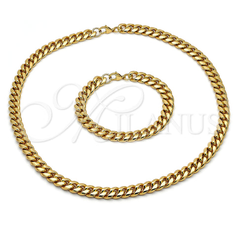 Stainless Steel Necklace and Bracelet, Miami Cuban Design, Polished, Golden Finish, 06.116.0032.1