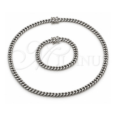 Stainless Steel Necklace and Bracelet, Miami Cuban and Box Lock Design, Polished, Steel Finish, 06.116.0037