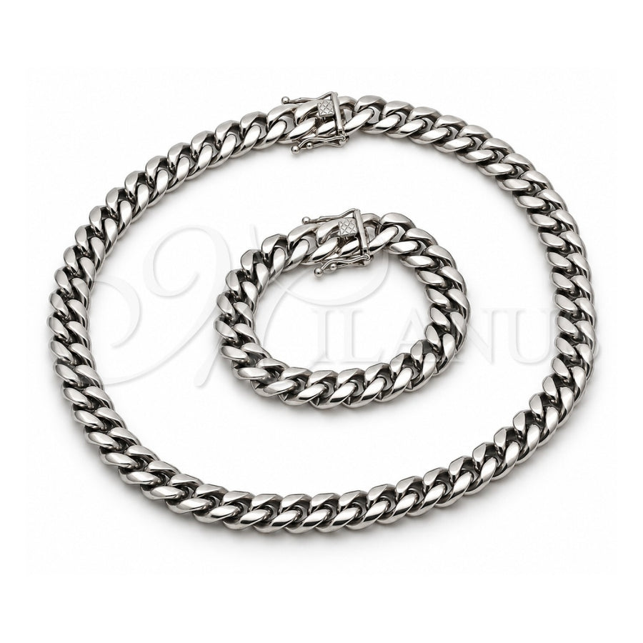 Stainless Steel Necklace and Bracelet, Miami Cuban and Box Lock Design, Polished, Steel Finish, 06.116.0041