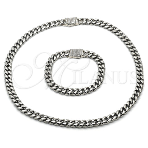 Stainless Steel Necklace and Bracelet, Miami Cuban Design, with White Crystal, Polished, Steel Finish, 06.116.0045.22