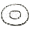 Stainless Steel Necklace and Bracelet, Miami Cuban Design, with White Crystal, Polished, Steel Finish, 06.116.0045.22